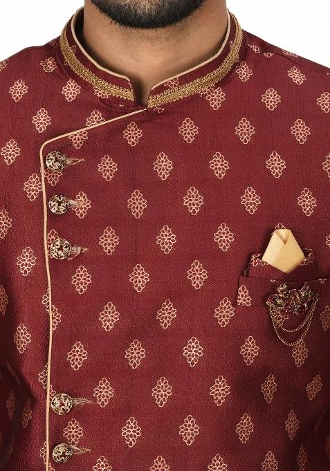 Red Embroidered Jacquard Indo Western Sherwani Set For Men