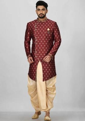 Red Embroidered Jacquard Indo Western Sherwani Set For Men