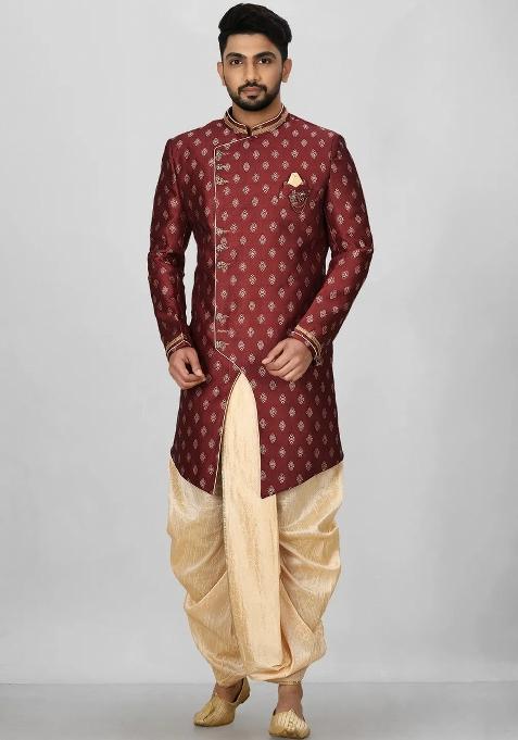 Red Embroidered Jacquard Indo Western Sherwani Set For Men