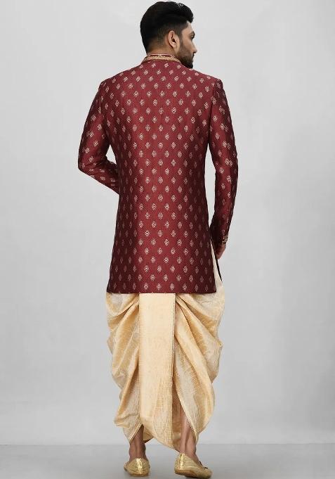 Red Embroidered Jacquard Indo Western Sherwani Set For Men