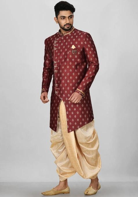 Red Embroidered Jacquard Indo Western Sherwani Set For Men