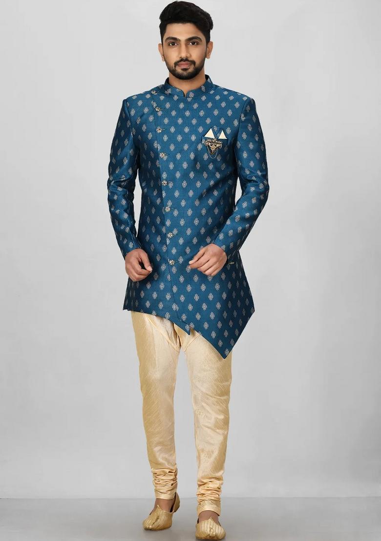 Teal Green Embroidered Jacquard Indo Western Sherwani For Men