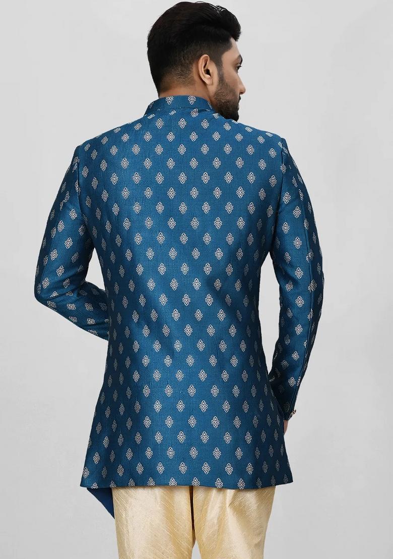 Teal Green Embroidered Jacquard Indo Western Sherwani For Men