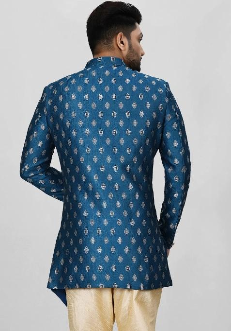 Teal Green Embroidered Jacquard Indo Western Sherwani For Men