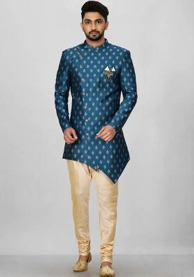 Teal Green Embroidered Jacquard Indo Western Sherwani Set For Men