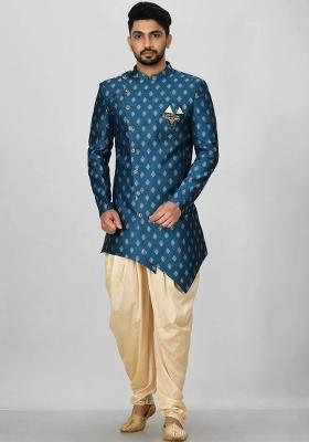 Teal Green Embroidered Jacquard Indo Western Sherwani Set For Men