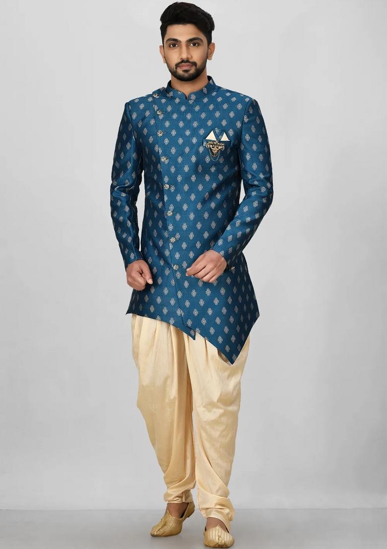 Teal Green Embroidered Jacquard Indo Western Sherwani Set For Men