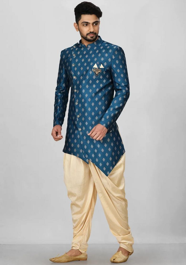 Teal Green Embroidered Jacquard Indo Western Sherwani Set For Men