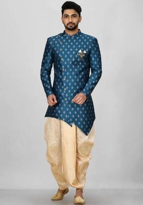 Teal Green Embroidered Jacquard Indo Western Sherwani Set For Men