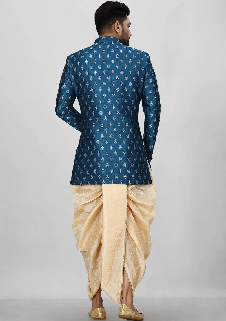 Teal Green Embroidered Jacquard Indo Western Sherwani Set For Men