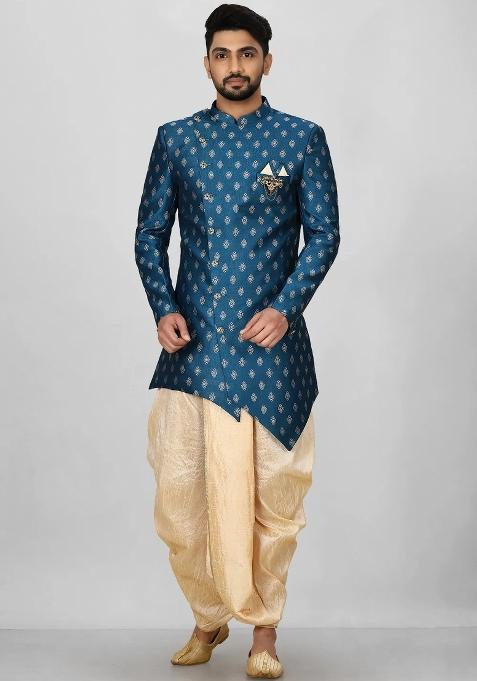 Teal Green Embroidered Jacquard Indo Western Sherwani Set For Men — view on Indya