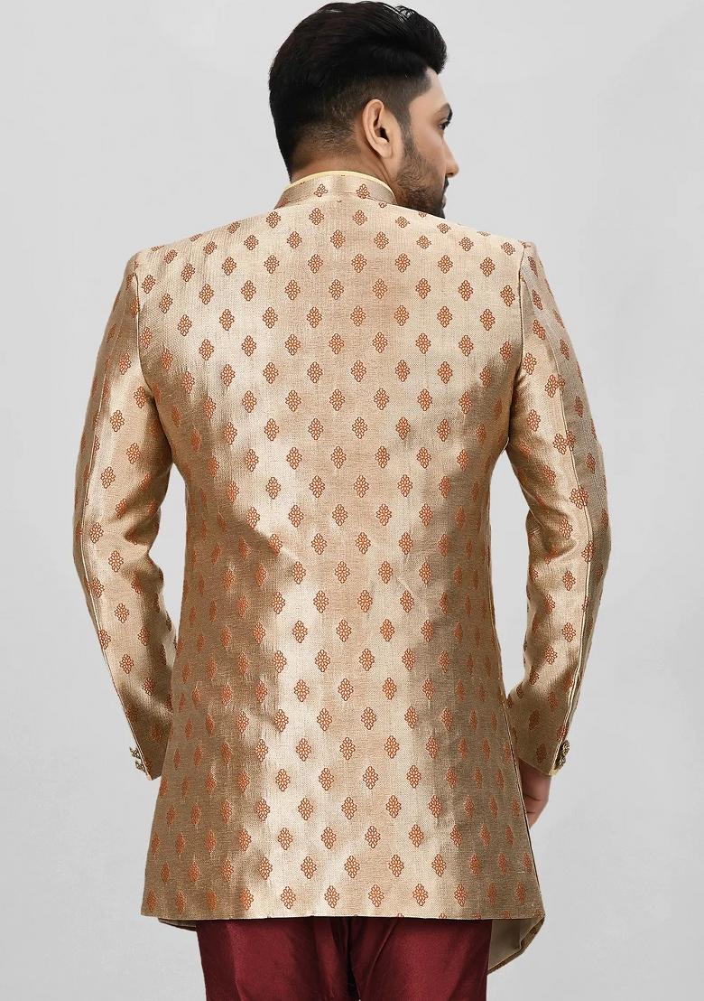 Rust Brown Embroidered Jacquard Indo Western Sherwani For Men