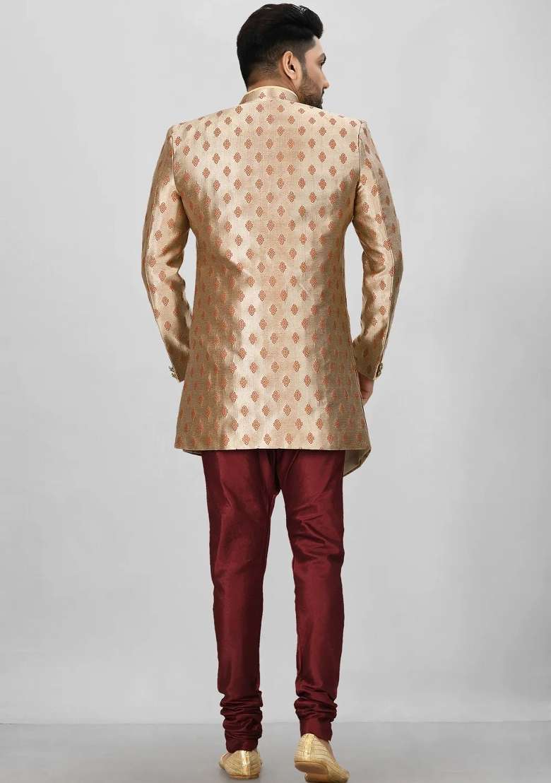 Rust Brown Embroidered Jacquard Indo Western Sherwani For Men - Indya