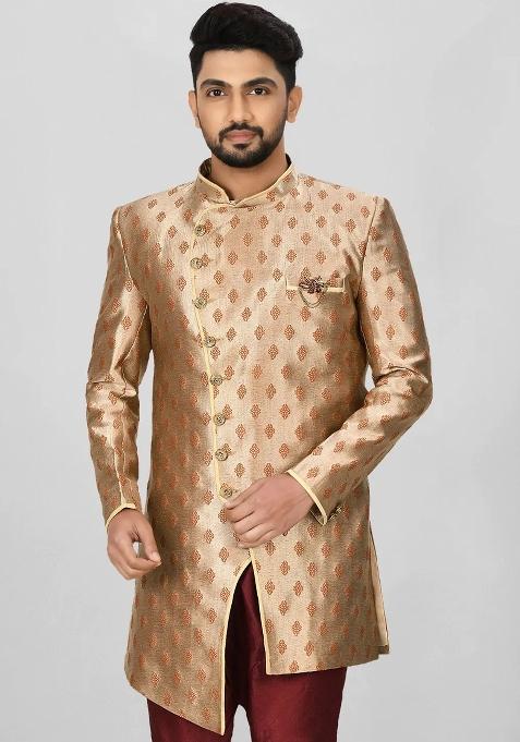 Rust Brown Embroidered Jacquard Indo Western Sherwani For Men — view on Indya