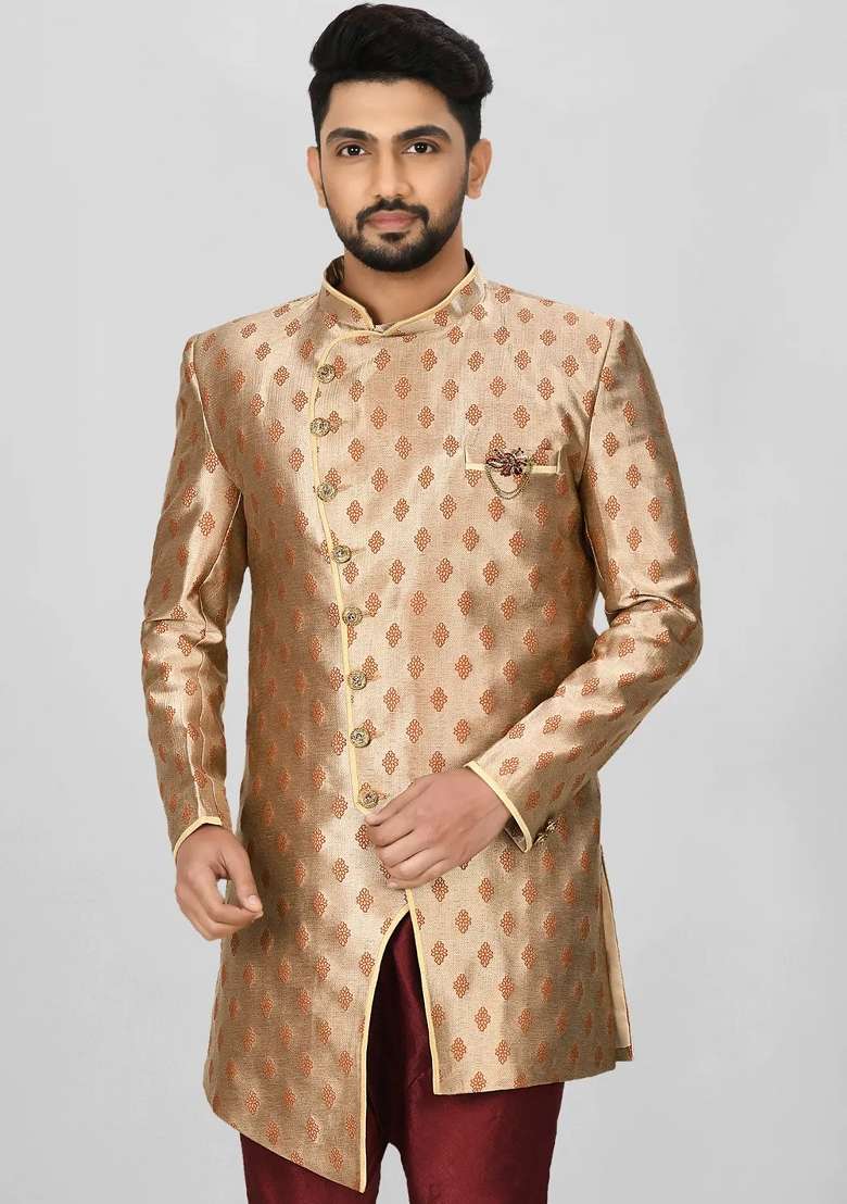 Rust Brown Embroidered Jacquard Indo Western Sherwani Set For Men - Indya