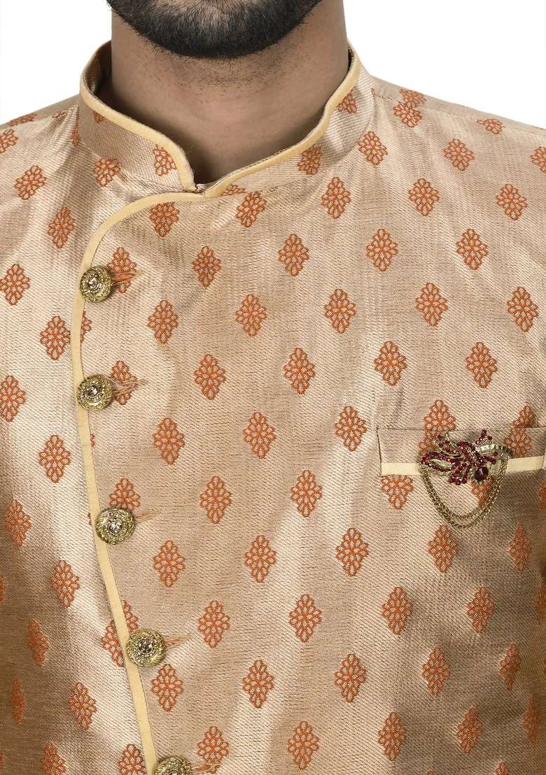 Rust Brown Embroidered Jacquard Indo Western Sherwani Set For Men - Indya