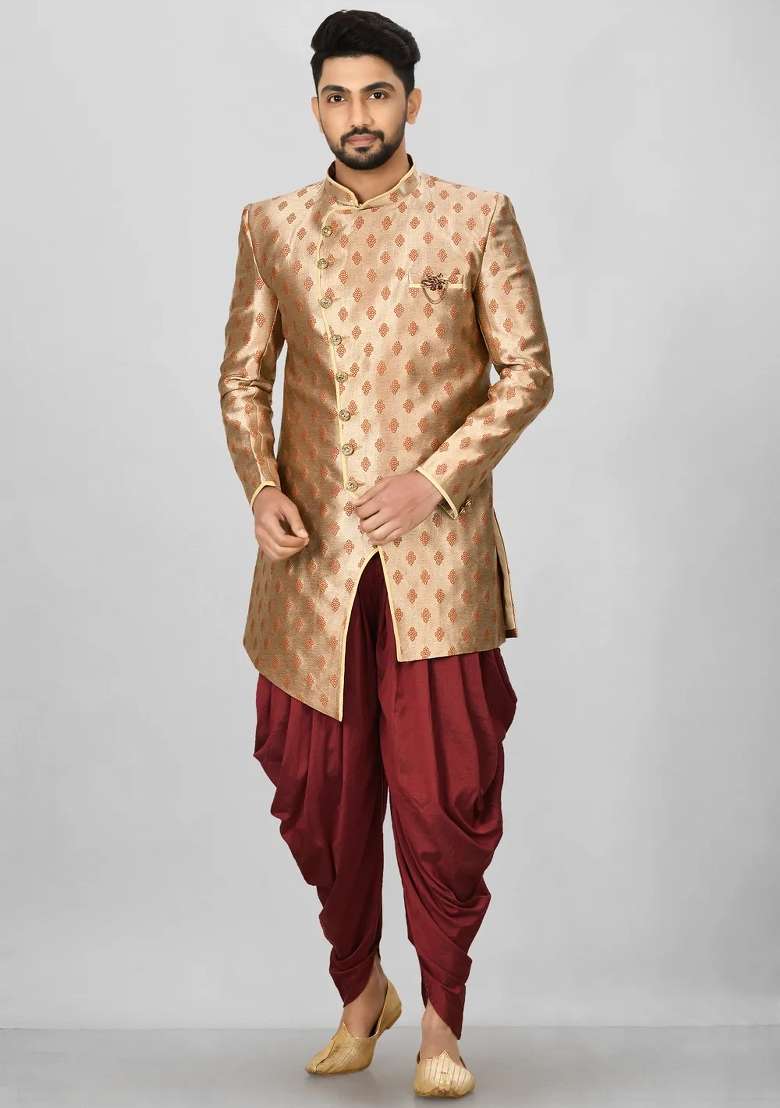 Rust Brown Embroidered Jacquard Indo Western Sherwani Set For Men - Indya