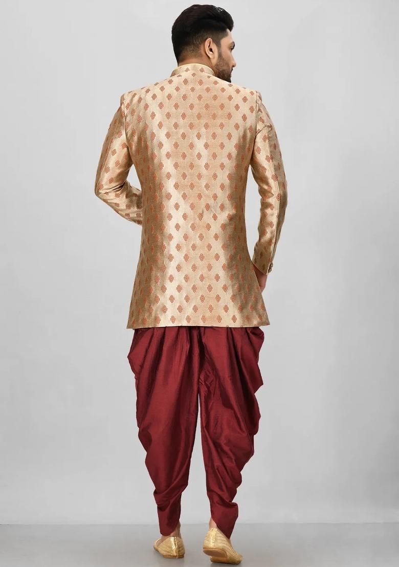 Rust Brown Embroidered Jacquard Indo Western Sherwani Set For Men