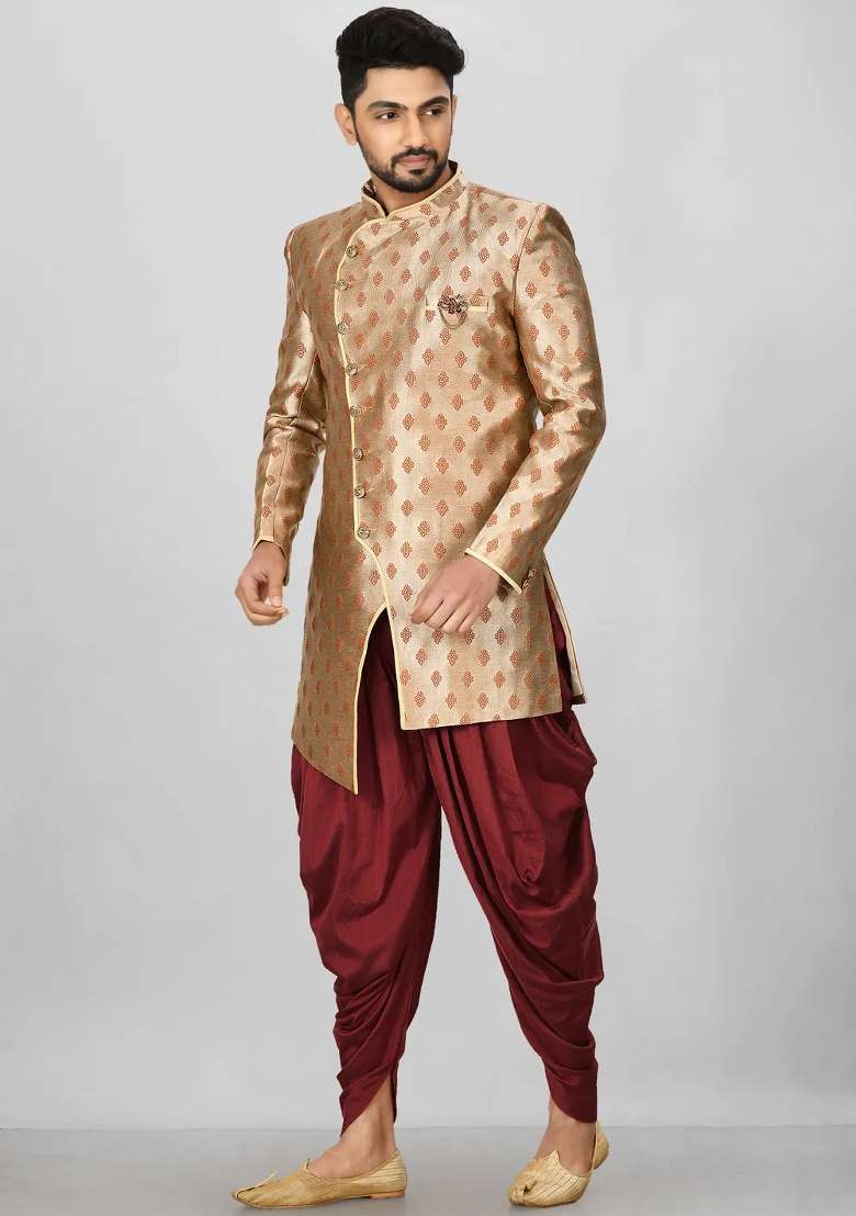 Rust Brown Embroidered Jacquard Indo Western Sherwani Set For Men - Indya