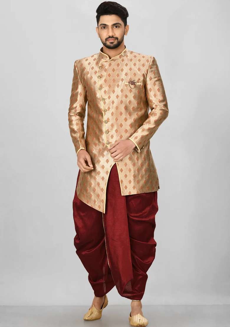 Rust Brown Embroidered Jacquard Indo Western Sherwani Set For Men - Indya