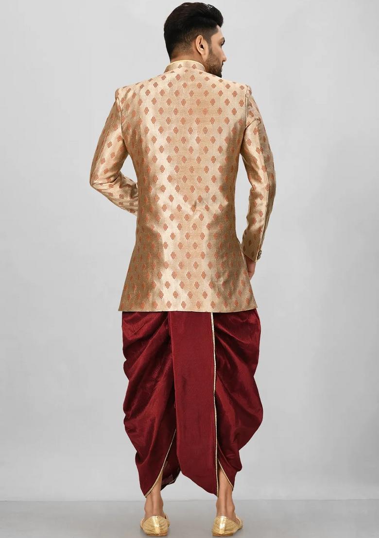 Rust Brown Embroidered Jacquard Indo Western Sherwani Set For Men