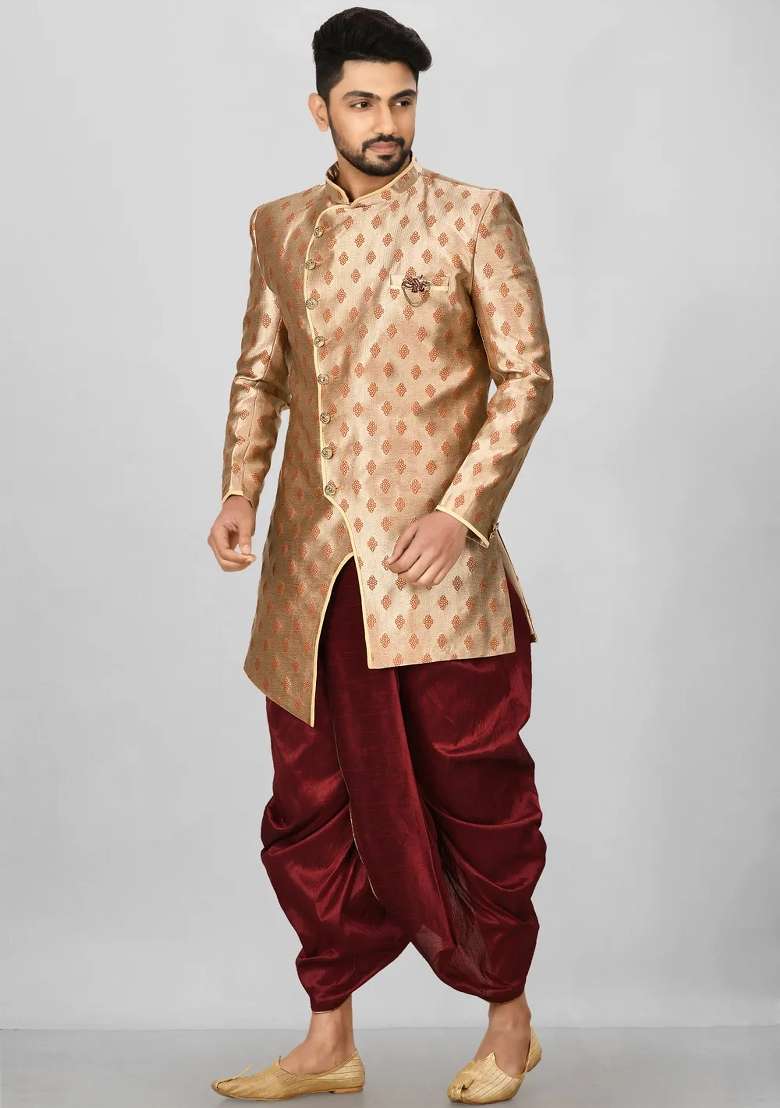 Rust Brown Embroidered Jacquard Indo Western Sherwani Set For Men - Indya