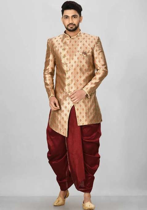 Rust Brown Embroidered Jacquard Indo Western Sherwani Set For Men