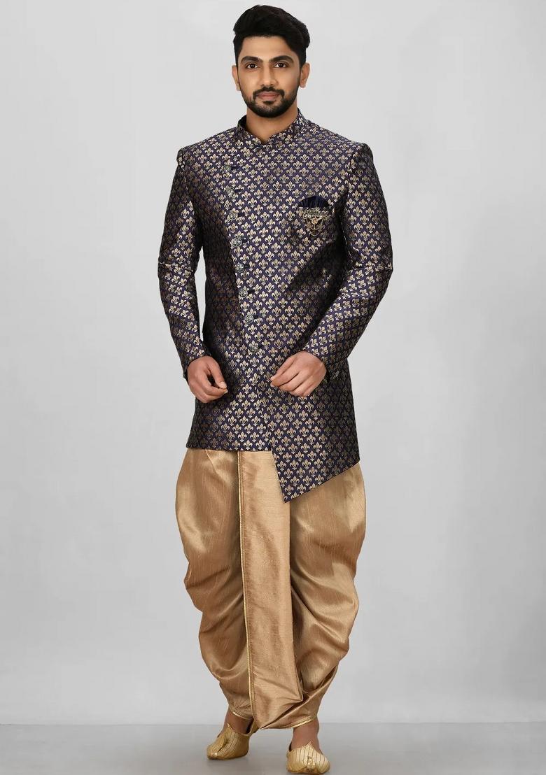 Navy Blue Embroidered Jacquard Indo Western Sherwani For Men
