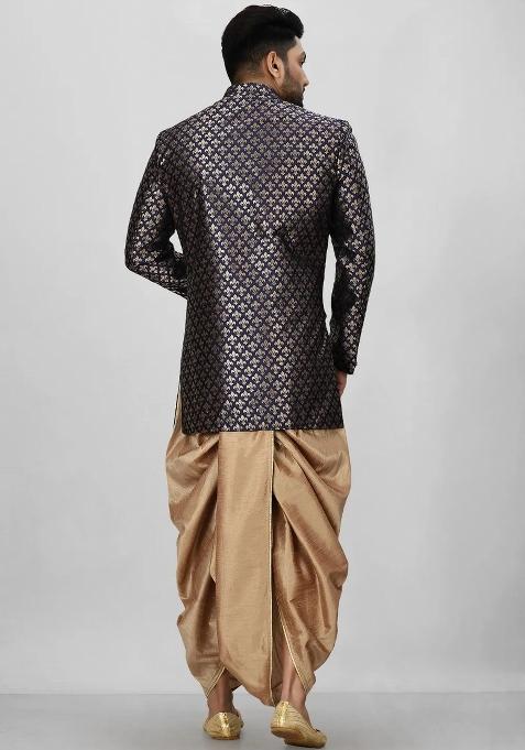 Navy Blue Embroidered Jacquard Indo Western Sherwani For Men
