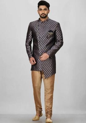 Navy Blue Embroidered Jacquard Indo Western Sherwani Set For Men
