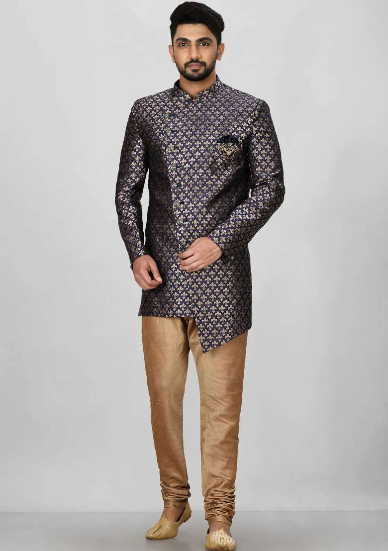 Navy Blue Embroidered Jacquard Indo Western Sherwani Set For Men - Indya