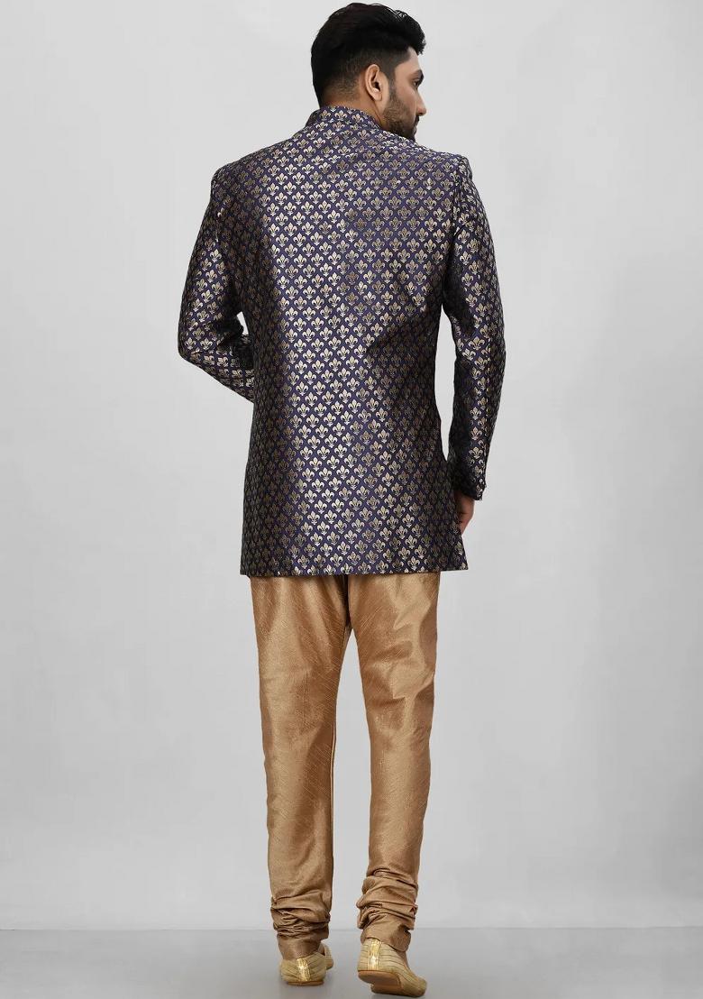 Navy Blue Embroidered Jacquard Indo Western Sherwani Set For Men