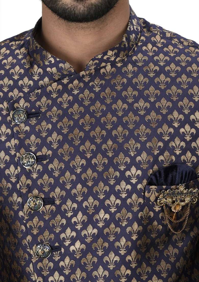 Navy Blue Embroidered Jacquard Indo Western Sherwani Set For Men - Indya
