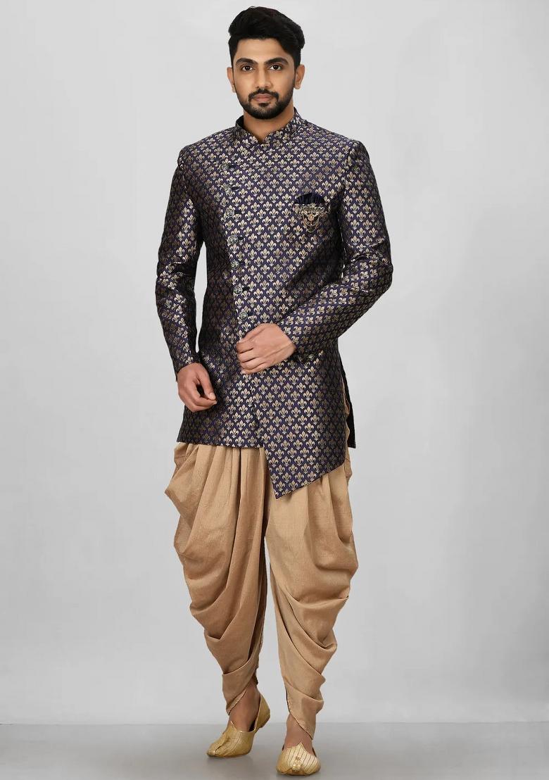 Navy Blue Embroidered Jacquard Indo Western Sherwani Set For Men