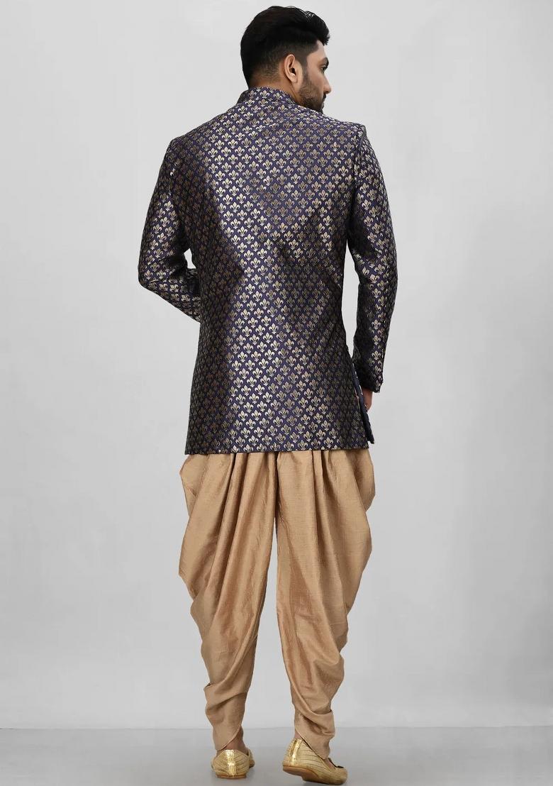 Navy Blue Embroidered Jacquard Indo Western Sherwani Set For Men