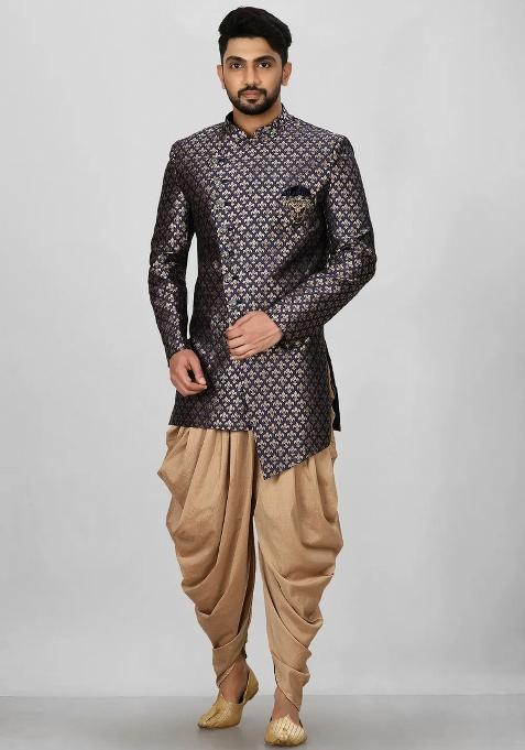 Navy Blue Embroidered Jacquard Indo Western Sherwani Set For Men