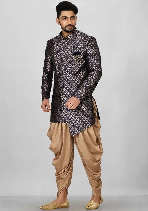 Navy Blue Embroidered Jacquard Indo Western Sherwani Set For Men