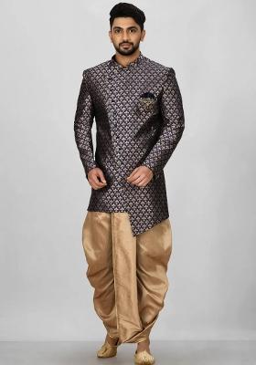 Navy Blue Embroidered Jacquard Indo Western Sherwani Set For Men