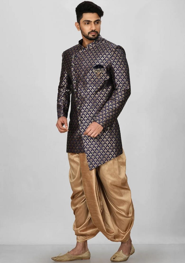 Navy Blue Embroidered Jacquard Indo Western Sherwani Set For Men