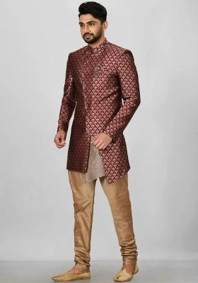 Maroon Embroidered Jacquard Indo Western Sherwani Set For Men