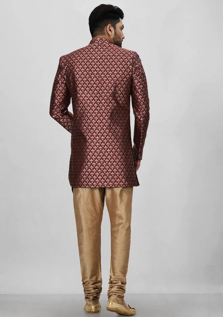 Maroon Embroidered Jacquard Indo Western Sherwani Set For Men