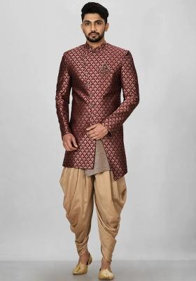 Maroon Embroidered Jacquard Indo Western Sherwani Set For Men