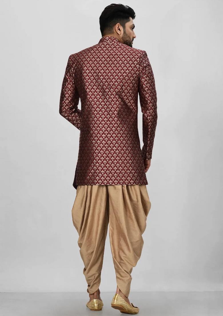 Maroon Embroidered Jacquard Indo Western Sherwani Set For Men