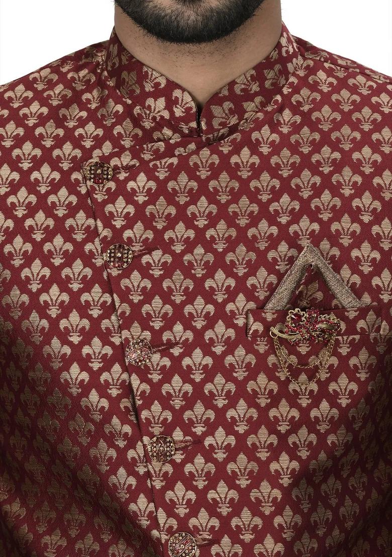 Maroon Embroidered Jacquard Indo Western Sherwani Set For Men