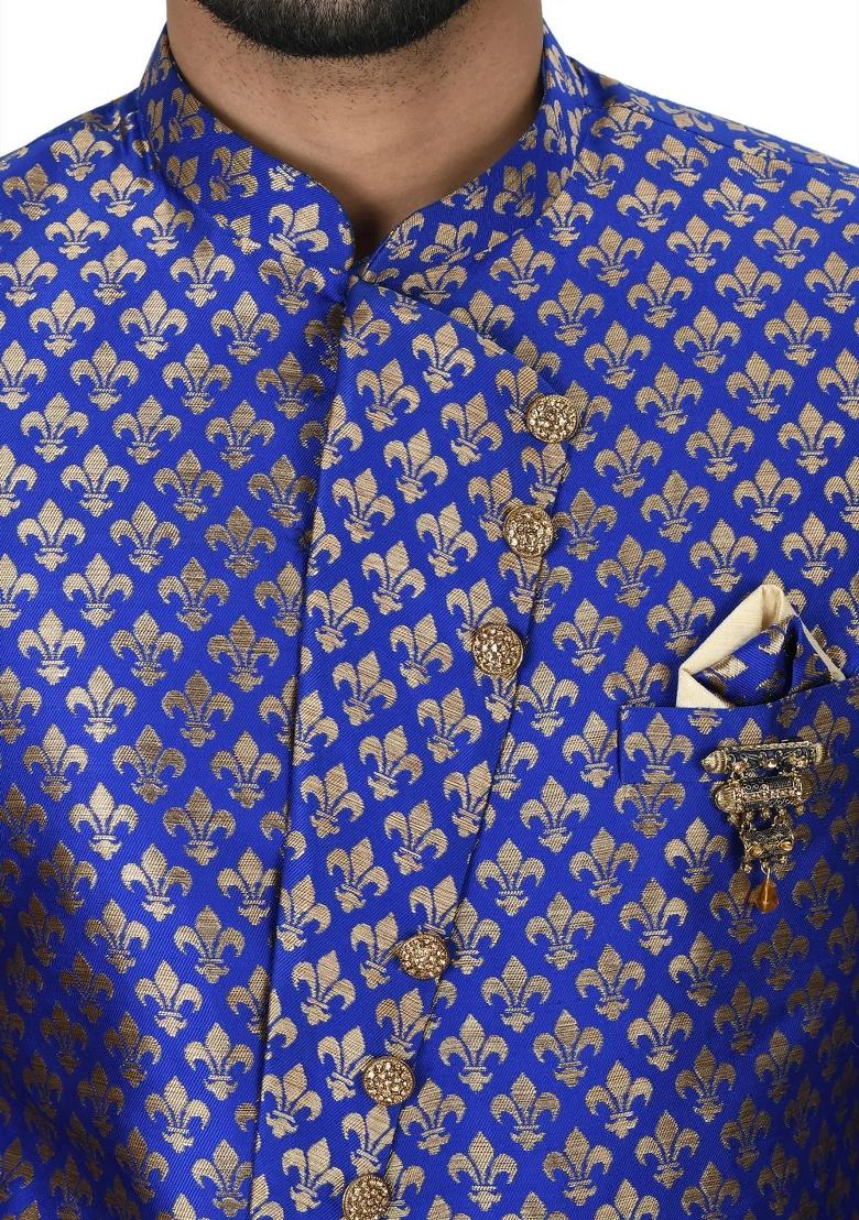 Royal Blue Embroidered Jacquard Indo Western Sherwani For Men