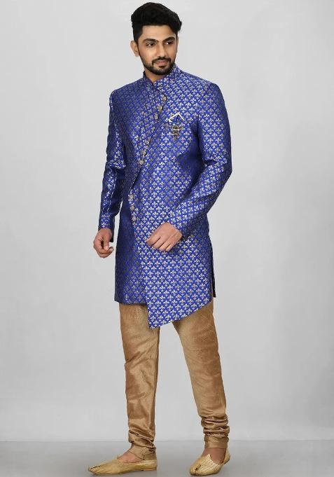 Royal Blue Embroidered Jacquard Indo Western Sherwani Set For Men