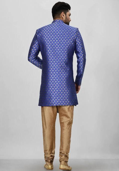 Royal Blue Embroidered Jacquard Indo Western Sherwani Set For Men