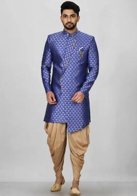 Royal Blue Embroidered Jacquard Indo Western Sherwani Set For Men