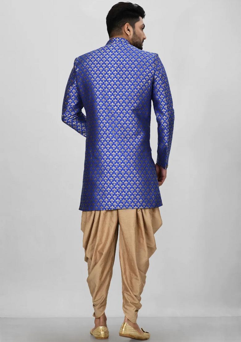 Royal Blue Embroidered Jacquard Indo Western Sherwani Set For Men