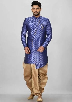 Royal Blue Embroidered Jacquard Indo Western Sherwani Set For Men